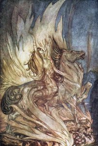 Brünnhilde på Grane springer op på Siegfrieds ligbål. Illustration til Siegfried and The Tw af Arthur Rackham