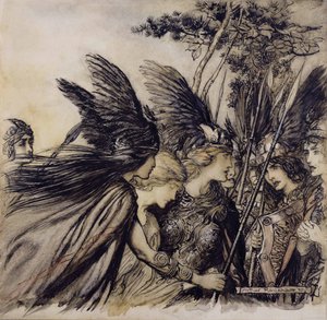 Brunnhilde beder om valkyrierne, illustration fra The Rhinegold and the Valkyrie, af Richard Wagner, udgave udgivet 1910 (pen, blæk & wc på papir) af Arthur Rackham