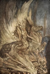 Brunnhilde på Grane springer videre til Siegfrieds begravelsesbål, illustration fra 