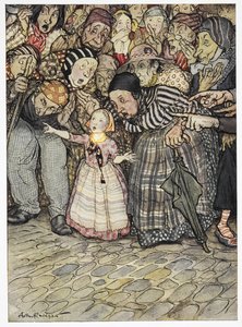 "Men han har slet ikke noget på", sagde et lille barn. Farveillustration til historien, 