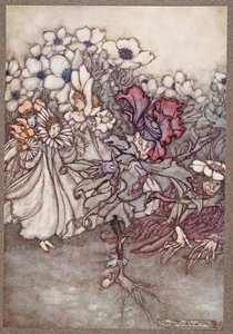 Men hvis du ser efter, og de frygter, at der ikke er tid til at gemme sig, står de ganske stille og foregiver at være blomster, fra Peter Pan i Kensington Gardens af J M Barrie (1860 - 1937), pub. 1906 af Arthur Rackham