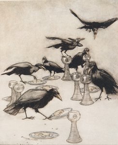 Men de sagde den ene efter den anden Halloa! Hvem har spist af min tallerken? Hvem har drukket min kop? fra The Fairy Tales of the Brothers Grimm, pub. 1909 af Arthur Rackham