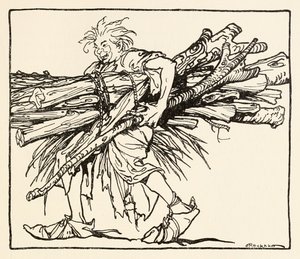 Carl bygger et shelter for natten fra The Carl of the Drab Coat i Irish Fairy Tales af Arthur Rackham