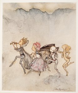Hver enkelt snubler på tåen og vil være her med moppe og klippe, illustration fra William Shakespeares The Tempest, pub. 1926 af Arthur Rackham