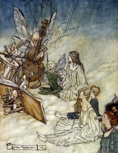 Elves Playing Music Illustration af Arthur RACKHAM (1867-1939) til The Dream of a Summer Night af William SHAKESPEARE af Arthur Rackham