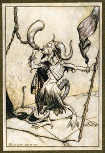 Før hornet ved porten til Barbican Tower blev blæst med en høj tyve-trompeterkraft, 1907 af Arthur Rackham