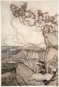 Feer i bjergene, fra Rip Van Winkle af Washington Irving, udgivet af. 1910 af Arthur Rackham