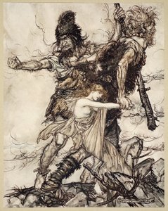 Fasolt griber pludselig Freia og trækker hende til side med Fafner, illustration fra 