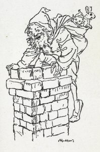 Julemanden klatrer ned af en skorsten med en sæk gaver af Arthur Rackham