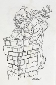 Julemanden klatrer ind i en skorsten med gaver af Arthur Rackham