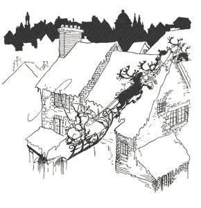 Julemanden i sin slæde, der flyver over snedækkede tage af Arthur Rackham