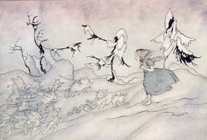 Gerda er rædselsslagen af snedronningens forvagt, men hun sagde Fadervor og bliver reddet af små klare engle, illustration fra Snedronningen af HC Andersen, udgivet 1932 (wc & i) af Arthur Rackham