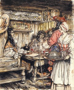Gå og se på et af kaffehusene i King Street i Westminster, illustration fra The Compleat Angler af Isaac Walton, 1931 (pen & blæk og akvarel på papir) af Arthur Rackham