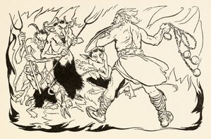 Goll mac Morna angriber helvede for at redde Fionn og Fianna-finnen fra The Little Brawl at Allen i Irish Fairy Tales af Arthur Rackham