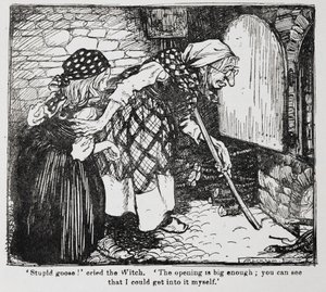 Grete og den gamle heks ved ovnen fra Hansel og Grethel. af Arthur Rackham