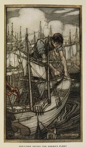Gulliver fanger fjendens flåde, Illustration fra Gulliver