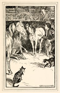 Gulliver har æren af at blive udspurgt af sine mestre gæster fra Del IV: En rejse til Houyhnhnms land i Gullivers Travels af Jonathan Swift af Arthur Rackham