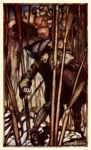 Gulliver er ramt af frygt ved første blik for de Brobdingnagian-høstere fra del II: A Voyage to Brobdingnag i Gullivers Travels af Jonathan Swift af Arthur Rackham