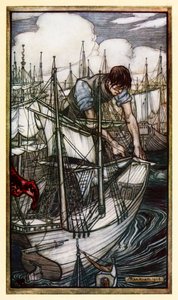 Gulliver griber fjendens flåde fra del I: A Voyage to Lilliput in Gullivers Travels af Jonathan Swift af Arthur Rackham