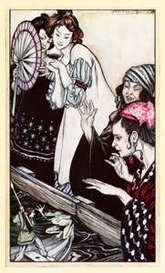 Gullivers møde med frøen fra del II: A Voyage to Brobdingnag i Gullivers Travels af Jonathan Swift af Arthur Rackham