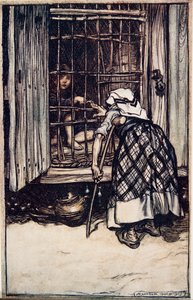 Hansel lagde et knoben frem, og den gamle kvinde, hvis øjne var svage, kunne ikke se, og troede, det var hans finger, og hun var meget forbløffet over, at han ikke blev tyk ..fra The Fairy Tales of the B. af Arthur Rackham