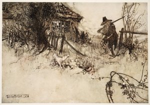 Han fandt huset gået i forfald? Min hund, sukkede stakkels Rip, har glemt mig., fra Rip Van Winkle af Washington Irving, pub. 1910 af Arthur Rackham