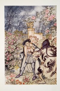 Han hørte en høj lyd og så et udyr komme imod ham, så skræmmende at se på, at han var klar til at besvime af frygt, fra The Arthur Rackham Fairy Book, pub. 1933 af Arthur Rackham
