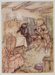 Han dukkede nu op igen, noget støvet, med en flaske øl i hver pote og en anden under hver arm, fra Wind in the Willows af Kenneth Grahame (1859 - 1932), pub. 1940 af Arthur Rackham