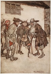 Han fandt hurtigt mange af sine tidligere kumpaner, selv om de alle var desto værre for tidens slid., fra Rip Van Winkle af Washington Irving, pub. 1910 af Arthur Rackham