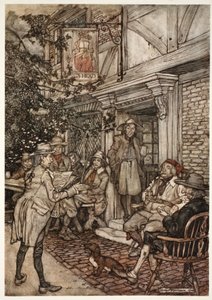 Han plejede at trøste sig selv ved at besøge en slags evig klub af vismænd, filosoffer og andre ledige personer, som holdt sine sessioner foran en lille kro., fra Rip Van Winkle af Washington af Arthur Rackham