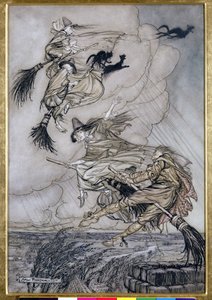 Hej! Op ad skorstenen Lass! Hey After you!, illustration i The Ingoldsby Legends of Mirth and Marvels, 1907 (pen & blæk med wc på papir) af Arthur Rackham