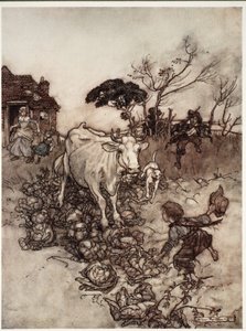 Hans ko ville gå på afveje eller komme blandt kålene., fra Rip Van Winkle af Washington Irving, pub. 1910 af Arthur Rackham