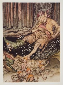 Hop-o-my-thumb gik blødt op til Ogre og trak sine syv-liga-støvler af, fra The Arthur Rackham Fairy Book, pub. 1933 af Arthur Rackham