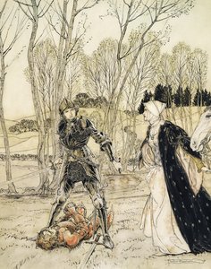 Hvordan Beaumains besejrede den røde ridder, og damoselen altid talte mange grimme ord til ham (pen & blæk og wc) af Arthur Rackham