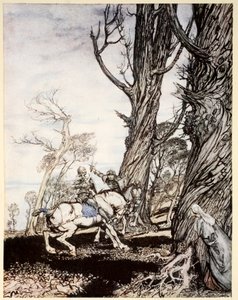 Hvordan Sir Launcelot dræbte ridderen Sir Peris de Forest Savage, der gjorde damer, damosels og gentlewomwen nød, illustration fra 