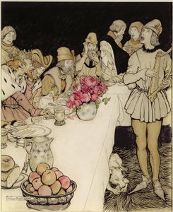 Hvordan til en stor fest, som kong Mark lavede, kom harperen Eliot og sang det læg, som Dinadan havde lavet (pen & blæk, wc) af Arthur Rackham