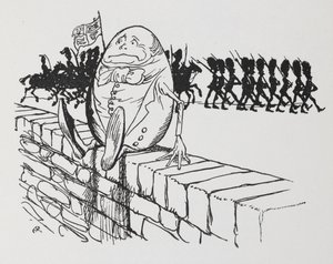 Humpty Dumpty sad på en væg. af Arthur Rackham