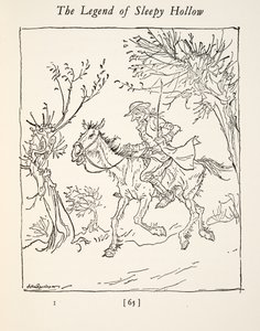 Ichabod Crane flygter fra den hovedløse rytter, fra The Legend of Sleepy Hollow af Washington Irving (1783 - 1859), pub. 1928 af Arthur Rackham