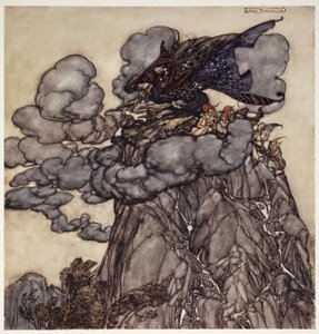 Hvis hun var misfornøjet, ville hun brygge skyer op, sorte som blæk, siddende midt imellem dem som en edderkop med flasker midt i sit spind; da disse skyer brød, ve dalene!, fra Rip Van af Arthur Rackham