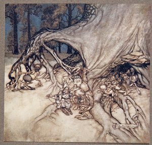Hvis de dårlige blandt feerne tilfældigvis er ude, fra Peter Pan i Kensington Gardens af J M Barrie (1860 - 1937), pub. 1906 af Arthur Rackham
