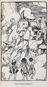Illustration fra En skærsommernatsdrøm med feer og en mand med røvhoved. af Arthur Rackham