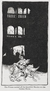 Illustration fra Den gyldne fugl, når prinsen bærer jomfruen af sted til hest. af Arthur Rackham