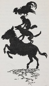 Illustration fra Bremen bymusikanter af en røv, hund, kat og hane. af Arthur Rackham