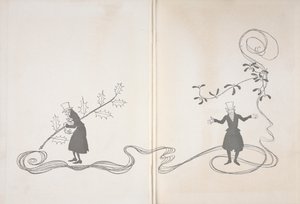 Illustration af Joakim. På den ene side er han afbildet af en kvist af kristtorn, der griber en pose penge og ser vred ud. På den anden side er han afbildet med en kvist mistelten, der ser glad ud. af Arthur Rackham