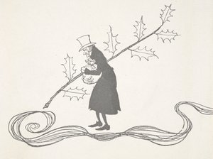Illustration af Joakim, afbildet af en kvist af kristtorn, der griber en pose penge og ser vred ud. af Arthur Rackham