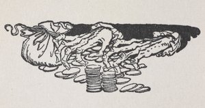 Illustration af Joakims hænder, der tæller penge af Arthur Rackham