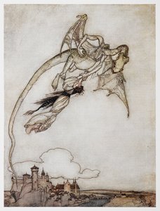 Illustration af en drage, der bærer prinsessen fra The Four Clever Brothers. af Arthur Rackham