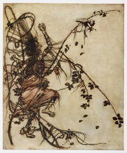 Illustration af en mand fanget i torne fra Sweetheart Roland. af Arthur Rackham