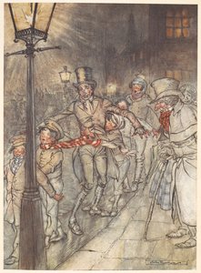 Illustration af et gadebillede juleaften med Bob Cratchit og børn. af Arthur Rackham