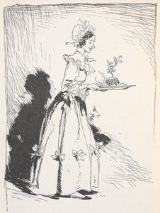 Illustration af en kvinde, der bærer en julebudding af Arthur Rackham